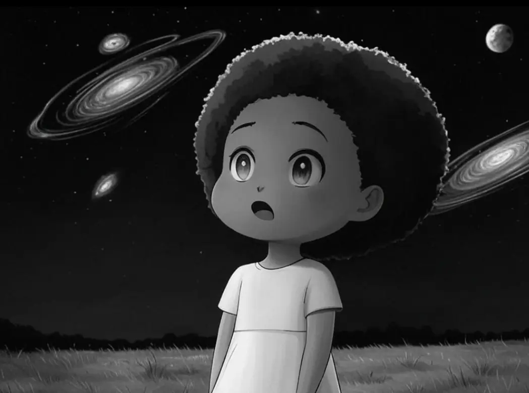Amazed girl looking at solar system