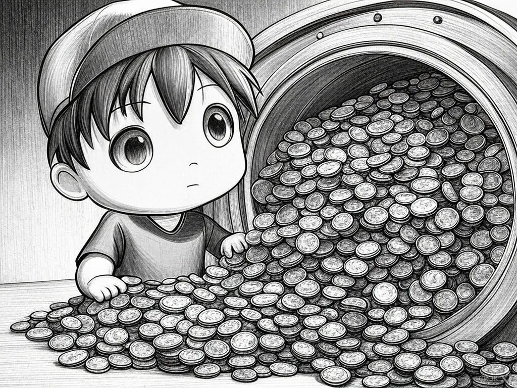 boy flooded by coins
