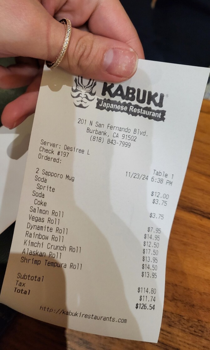 Restaurant bill
