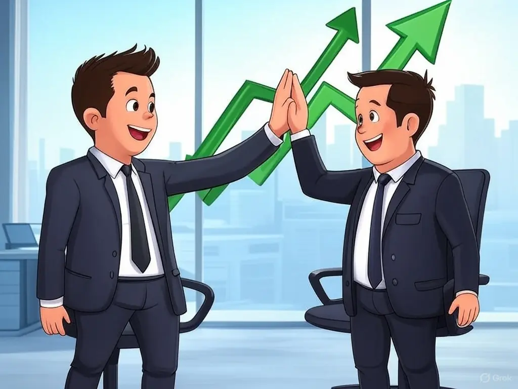 Cartoon traders high-fiving with an arrow showing rising Open Interest