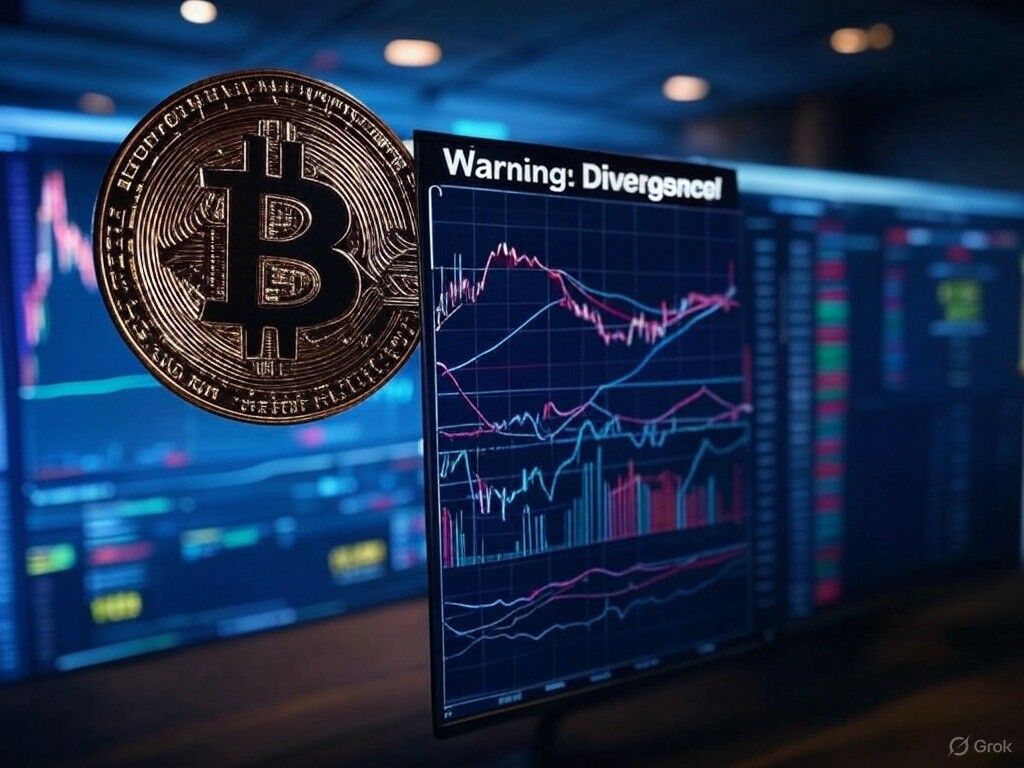 BTC chart at $90K with declining OI, marked with a 'Warning: Divergence!' label