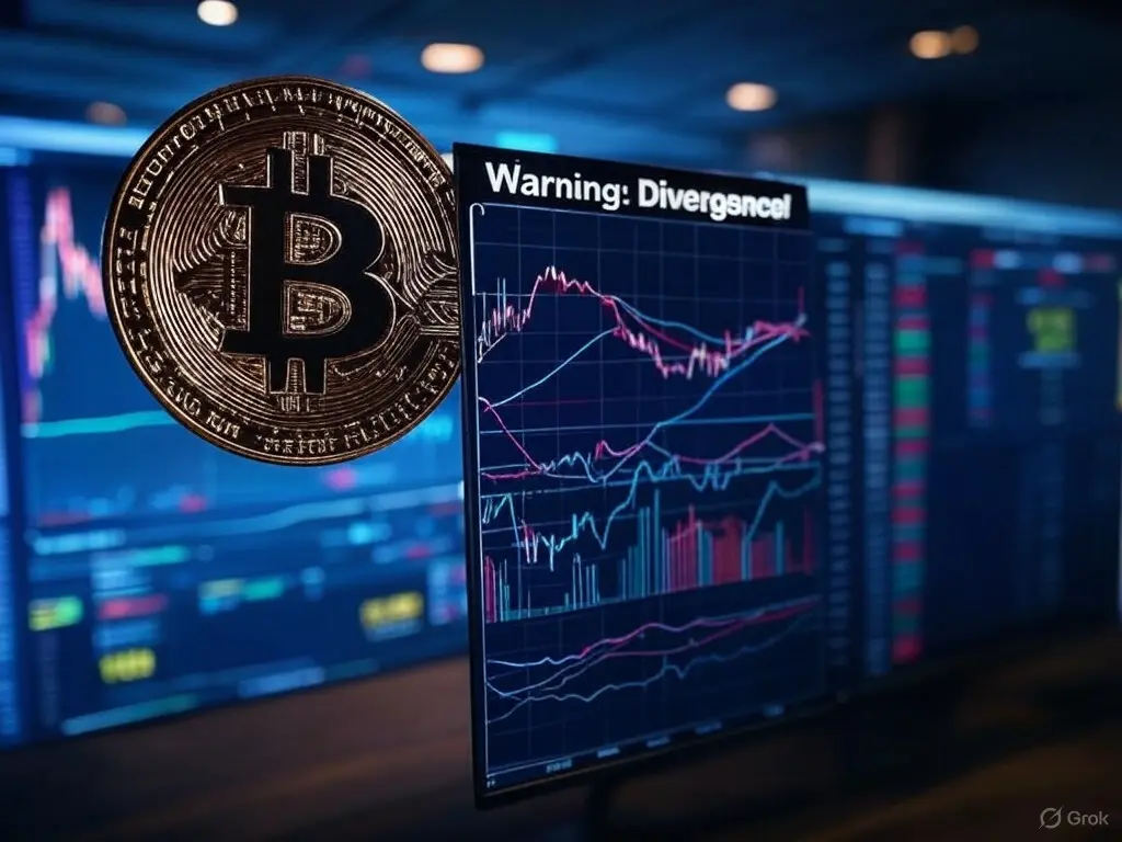 BTC chart at $90K with declining OI, marked with a 'Warning: Divergence!' label
