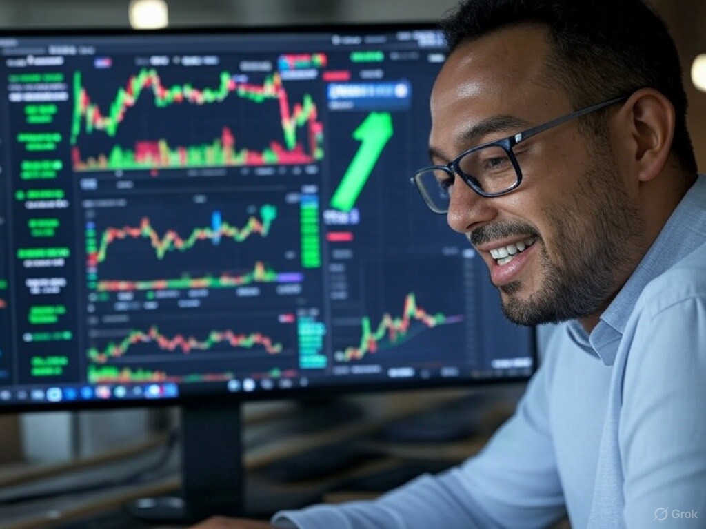 Mock trading setup with BTC price, OI, and a profit arrow