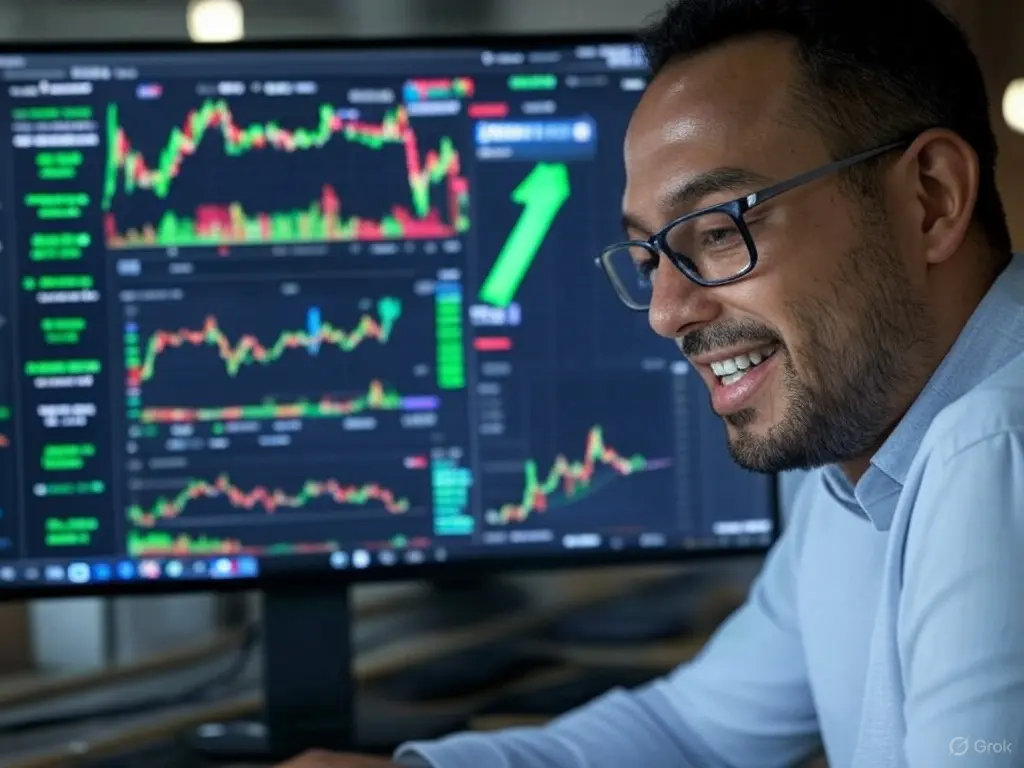 Mock trading setup with BTC price, OI, and a profit arrow