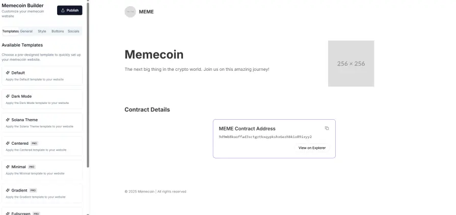 Interface of memecoin website builder