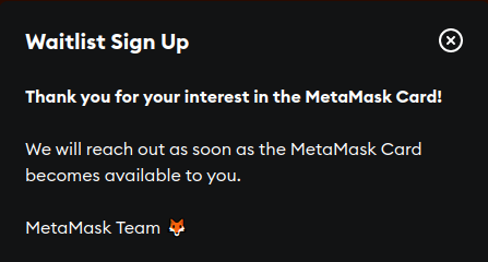 MetaMask Card Signup Form Notification