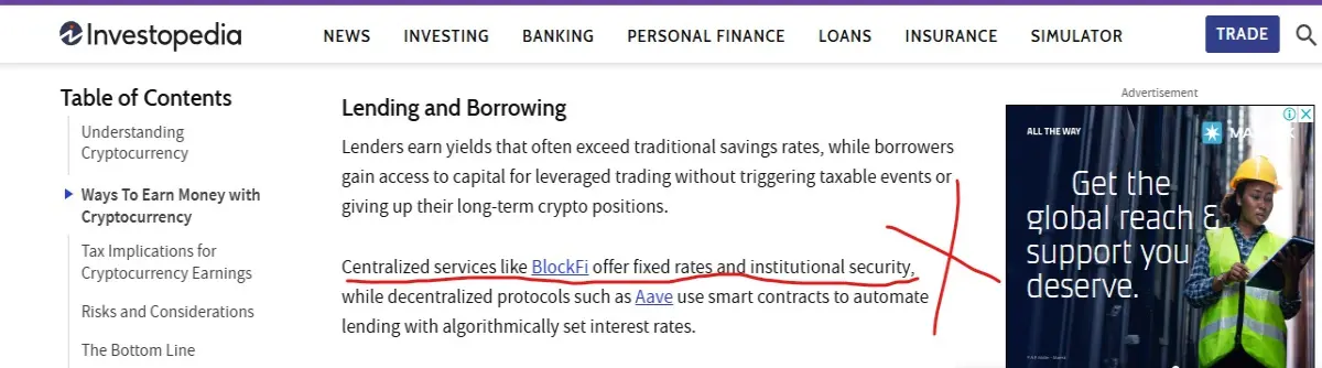 Illustration showing the Investopedia logo next to BlockFi with a red warning sign, highlighting a misinformation issue in a 2025 crypto article.
