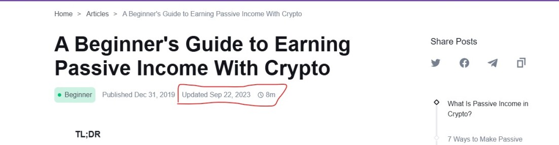 Screenshot showing the Binance Academy article titled “A Beginner’s Guide to Earning Passive Income With Crypto,” updated on September 22, 2023.