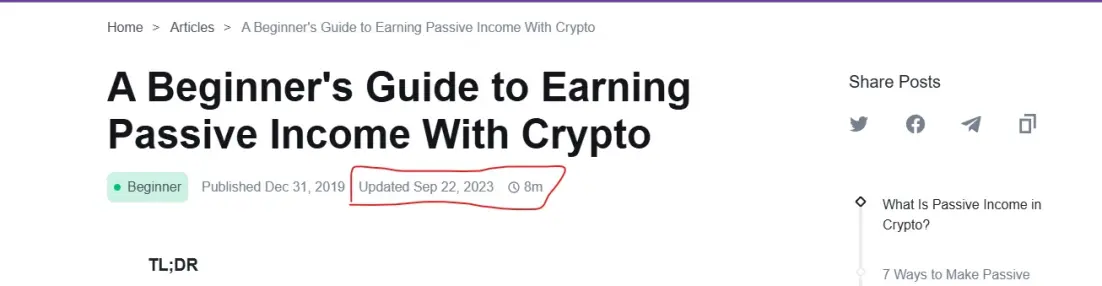 Screenshot showing the Binance Academy article titled “A Beginner’s Guide to Earning Passive Income With Crypto,” updated on September 22, 2023.