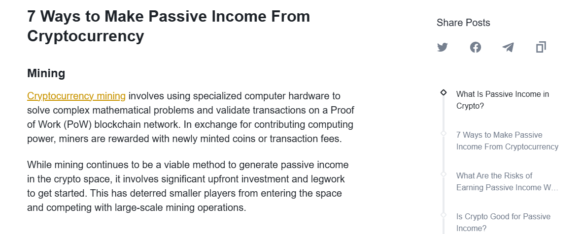 Screenshot showing the Binance Academy article titled “A Beginner’s Guide to Earning Passive Income With Crypto