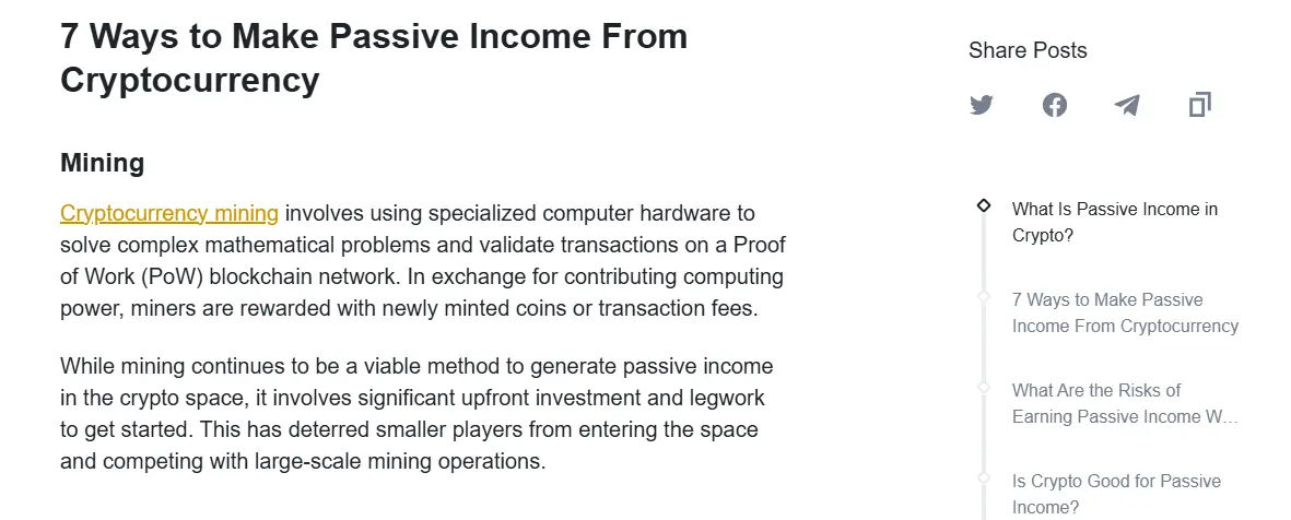 Screenshot showing the Binance Academy article titled “A Beginner’s Guide to Earning Passive Income With Crypto