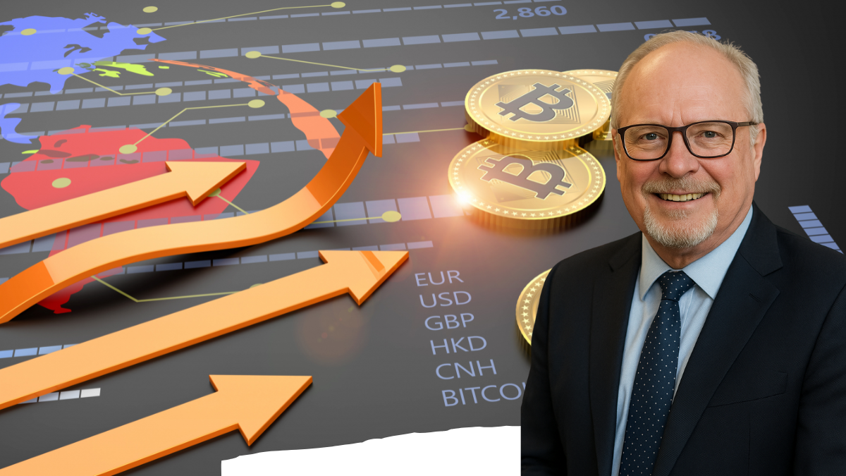 A business professional in a suit smiling confidently in front of a digital background featuring Bitcoin coins, upward-trending arrows, and global financial currency data, symbolizing cryptocurrency market growth.