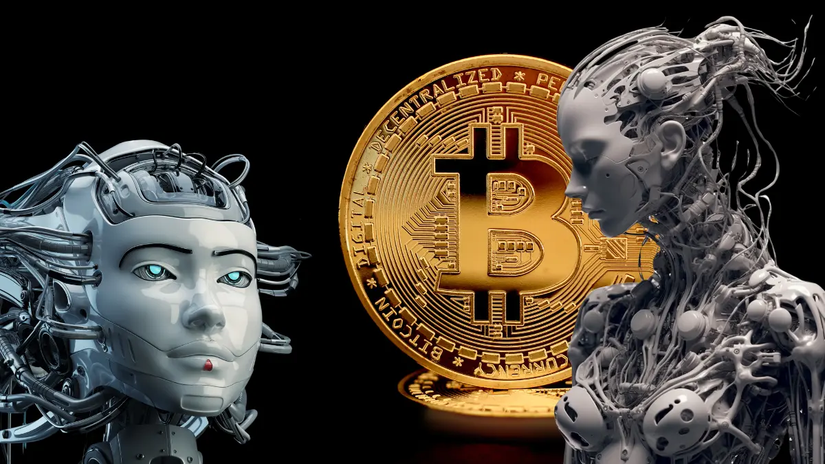 Two futuristic AI humanoid robots facing each other with a large golden Bitcoin coin in the background, symbolizing the intersection of artificial intelligence and cryptocurrency innovation.