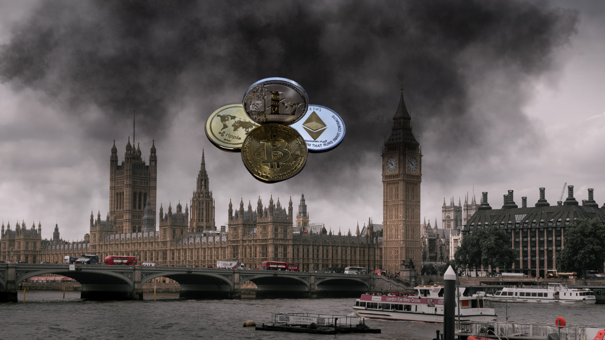 Dark storm clouds over the UK Parliament with floating cryptocurrency coins including Bitcoin, Ethereum, Ripple, and Litecoin, symbolizing government crackdown on digital assets.