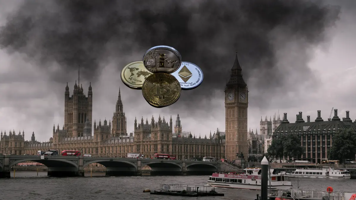 Dark storm clouds over the UK Parliament with floating cryptocurrency coins including Bitcoin, Ethereum, Ripple, and Litecoin, symbolizing government crackdown on digital assets.