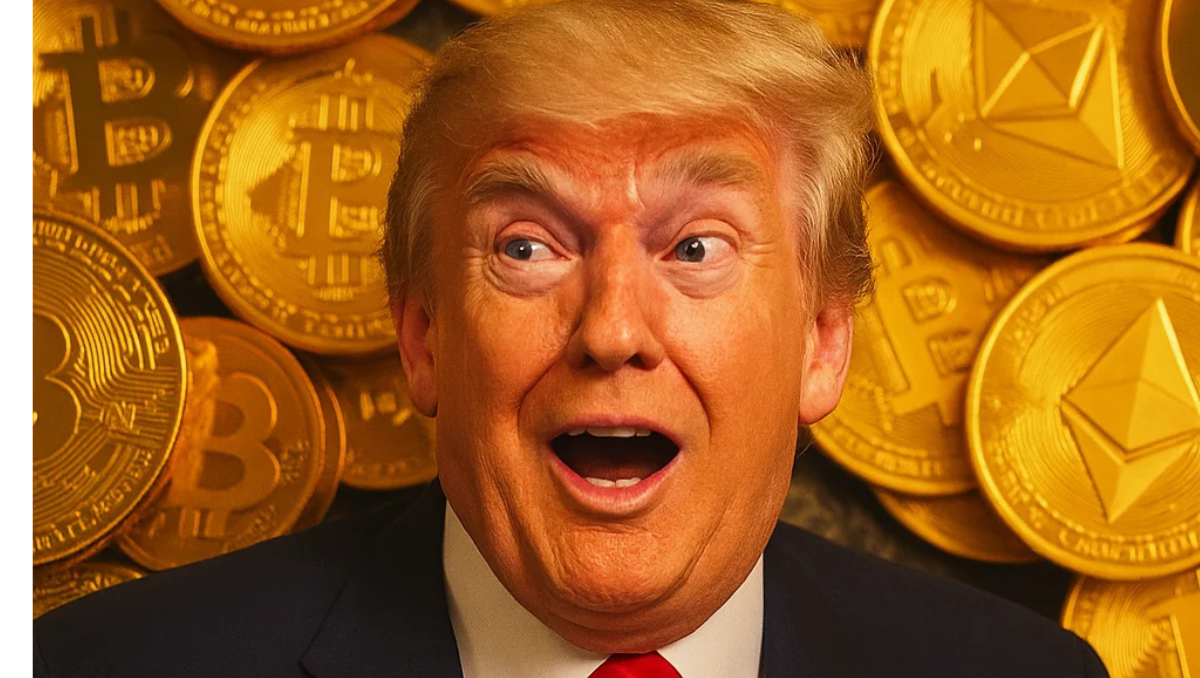Donald Trump looking surprised with a background of Bitcoin and Ethereum coins, symbolizing his growing involvement and influence in the cryptocurrency space.