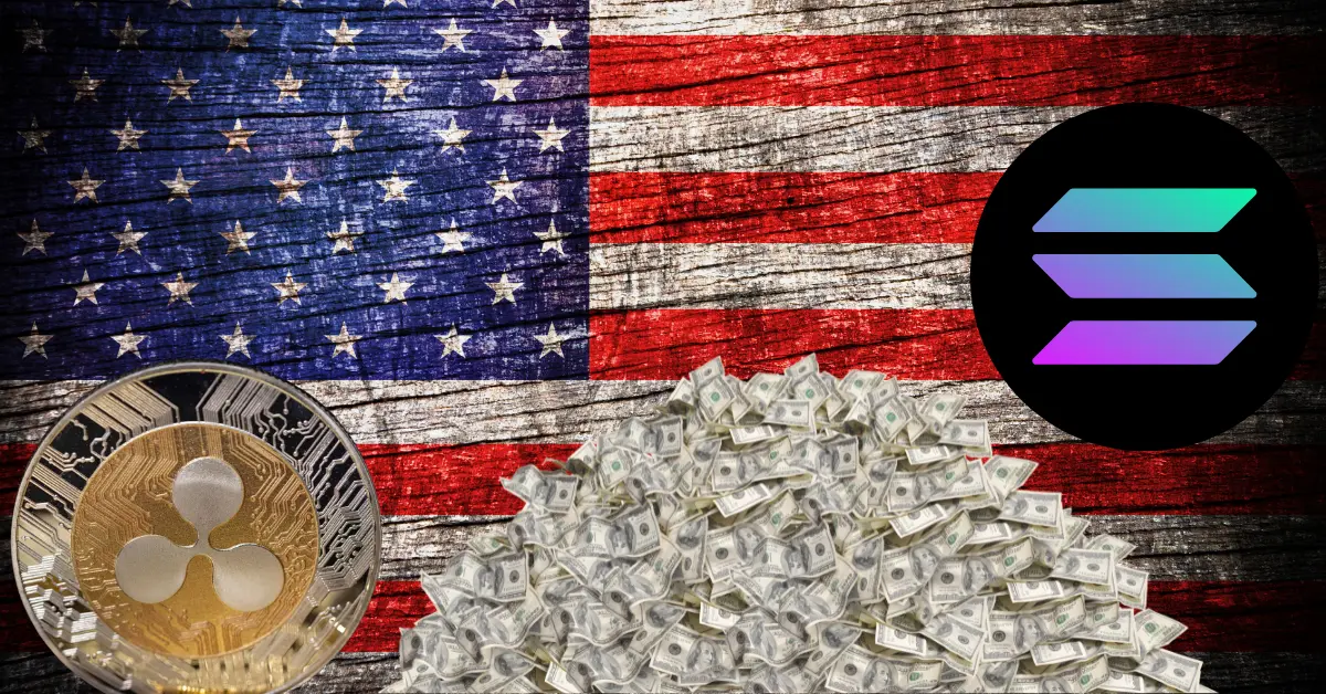 U.S. flag background with cryptocurrency logos for Ripple (XRP) and Solana, stacked cash in the foreground, symbolizing American-made crypto wealth and blockchain innovation in 2025.