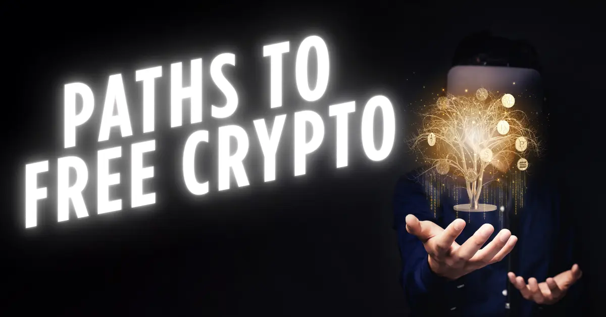 A person wearing a VR headset reaches out toward a glowing digital tree made of cryptocurrency symbols, with the words “Paths to Free Crypto” in bold white text on a dark background.