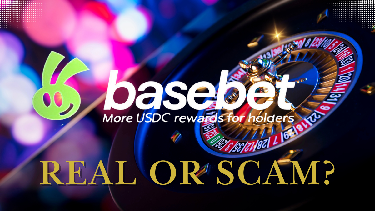 A spinning roulette wheel under colorful lights with the Basebet logo and tagline “More USDC rewards for holders.” Bold yellow text below reads “REAL OR SCAM?” highlighting the post’s investigative theme.