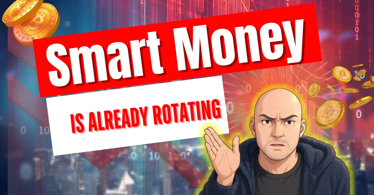 Digital artwork of a serious-looking bald man in a hoodie (NickG) pointing at bold text that says 'Smart Money is Already Rotating'. Background features downward financial arrows, binary code, and flying Bitcoin coins, symbolizing market shifts