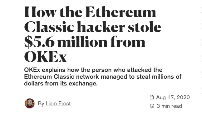 Ethereum Classic 51% attack news headline about $5.6 million hack on OKEx in 2020