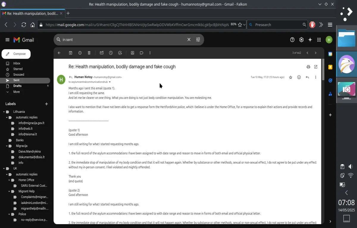 An email I sent to asylumcentralcommunicationshub@homeoffice.gov.uk