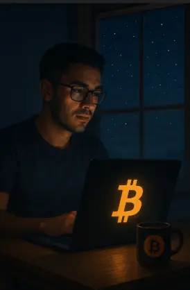Young man mining Bitcoin on laptop at night with Bitcoin logo glowing on screen, representing outdated ideas about crypto wealth from home computers.
