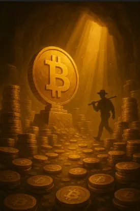 Bitcoin mining gold rush illustration showing a glowing BTC coin in a digital cave surrounded by gold stacks, symbolizing the rise in Bitcoin price and mining frenzy.