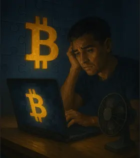 Frustrated man trying to mine Bitcoin on outdated laptop with glowing Bitcoin symbol and puzzle pattern, representing slow performance and high mining difficulty in 2025.