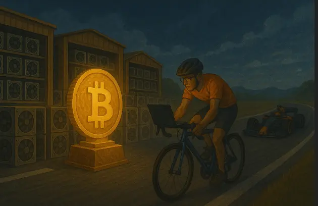 Bitcoin mining illustration showing a cyclist with a laptop racing against a Formula 1 car near mining warehouses, symbolizing the inefficiency of solo mining with personal devices.