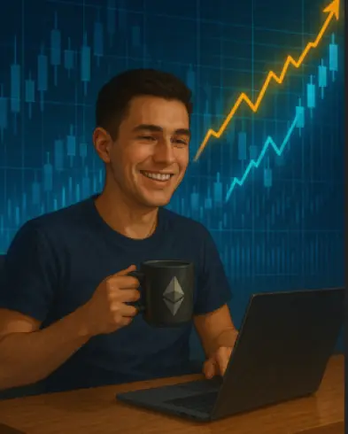 Happy crypto investor smiling at laptop with Ethereum logo mug and rising financial charts in background, representing passive income through staking and DeFi earnings.