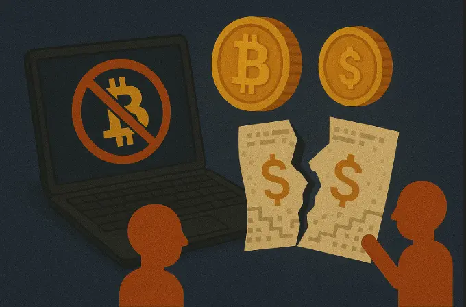 Visual representation of a double-spend attack in crypto, showing a Bitcoin coin being split and duplicated across two users, with a prohibited Bitcoin symbol on a laptop screen.