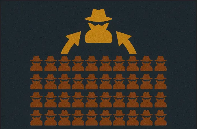 Illustration of a Sybil attack showing a hacker figure spawning multiple fake nodes, each represented by silhouettes wearing fedora hats, symbolizing malicious intent in blockchain networks.