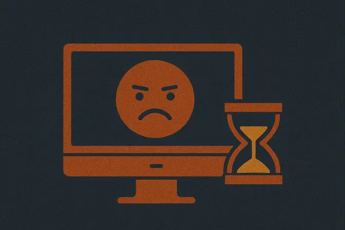 Illustration of a denial-of-service (DoS) blockchain attack showing an angry face on a computer monitor next to an hourglass, symbolizing delay and node inactivity.