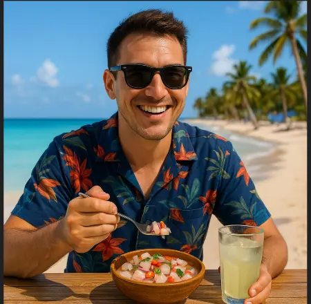 A smiling crypto copywriter known as El Salvador Copybiker enjoying ceviche by the ocean, sitting on a sunny white-sand beach, celebrating instant USDT payments via blockchain.
