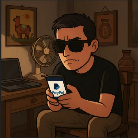 Frustrated man sitting indoors waiting for a PayPal payment, holding phone in dimly lit room.