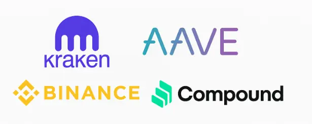 Logos de Binance, Kraken, Aave y Compound sobre fondo blanco, sin texto adicional ni elementos distractores.