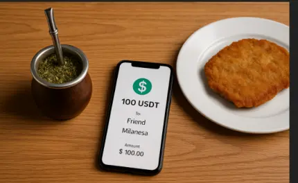 Transferencia de criptomonedas desde un celular sobre una mesa con un mate argentino y una milanesa.