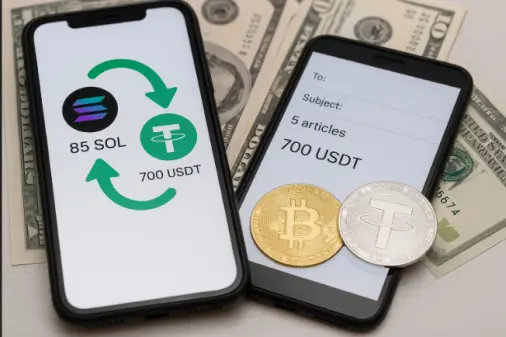 Dos celulares muestran una operación de venta de SOL por USDT y el pago de 700 USDT por artículos, con monedas cripto sobre billetes de dólar.