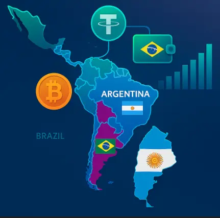Mapa digital de América Latina con Argentina y Brasil resaltados, junto a íconos de Bitcoin, Tether, billetera virtual y gráfico de crecimiento.