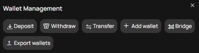Blazing wallet management menu