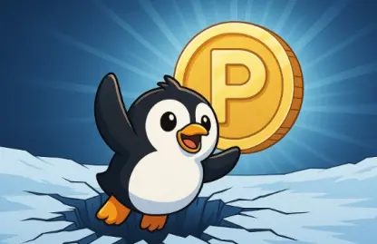 A cartoon penguin triumphantly emerging from a crack in the ice, with a large golden $PENGU coin glowing behind it, symbolizing a powerful comeback