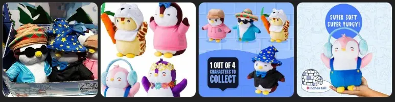 Various Pudgy Penguins plush toys dressed in colorful outfits, displayed in retail packaging and promotional settings, showcasing the NFT brand's physical product expansion