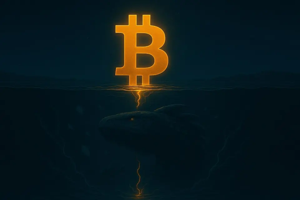 A glowing Bitcoin rises from a deep ocean trench. Beneath, a massive shadow moves. Broken currencies float as cracks pulse with light.