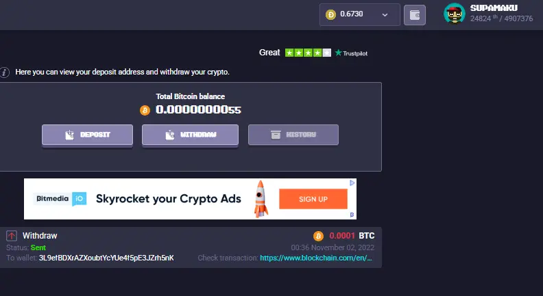 Proof of payout for BTC