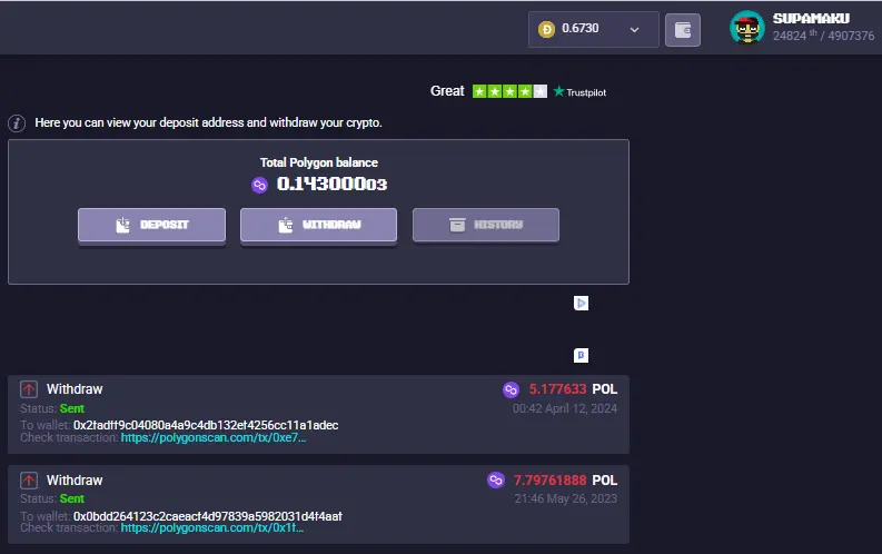 Proof of payout for Matic