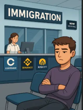 Digital illustration of a bored young man sitting in a waiting room labeled “Digital Immigration,” representing the KYC process. The counter displays logos of major crypto exchanges like Binance, Coinbase, and Crypto.com.