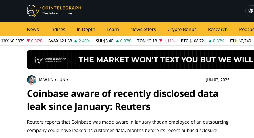 Screenshot of Cointelegraph headline reporting a 2025 Coinbase data leak exposing customer data, highlighting the risks of using centralized exchanges for crypto privacy.