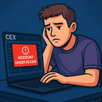 Illustration of Leo looking frustrated at his laptop, with a red alert showing “Account Under Review” on a centralized exchange dashboard, symbolizing frozen funds and KYC friction.