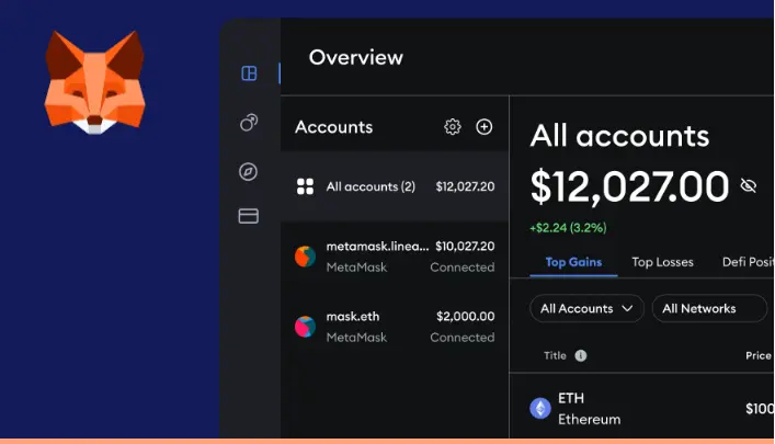 MetaMask wallet dashboard showing multiple connected accounts and crypto balances with no personal data required